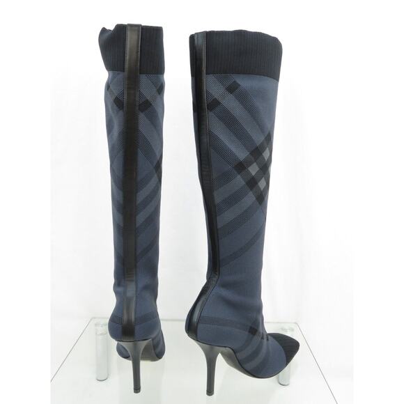 $1000 BURBERRY DOLMAN NAVY GRAY KNITTED CHECK KNEE HIGH HEEL SOCK BOOTS 37 - Picture 7 of 15